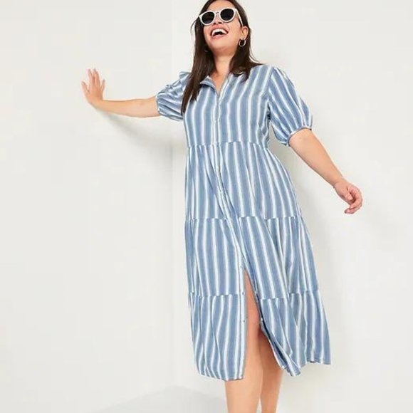 Old Navy Puff-Sleeve Tiered Striped Midi Swing Dress for Women New